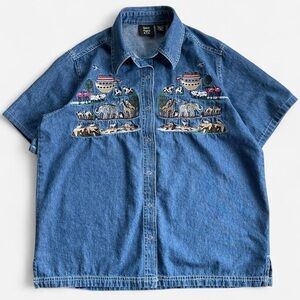 Vintage Quizz Again Embroidered Noah’s Ark Lightweight Short Sleeve Denim Shirt